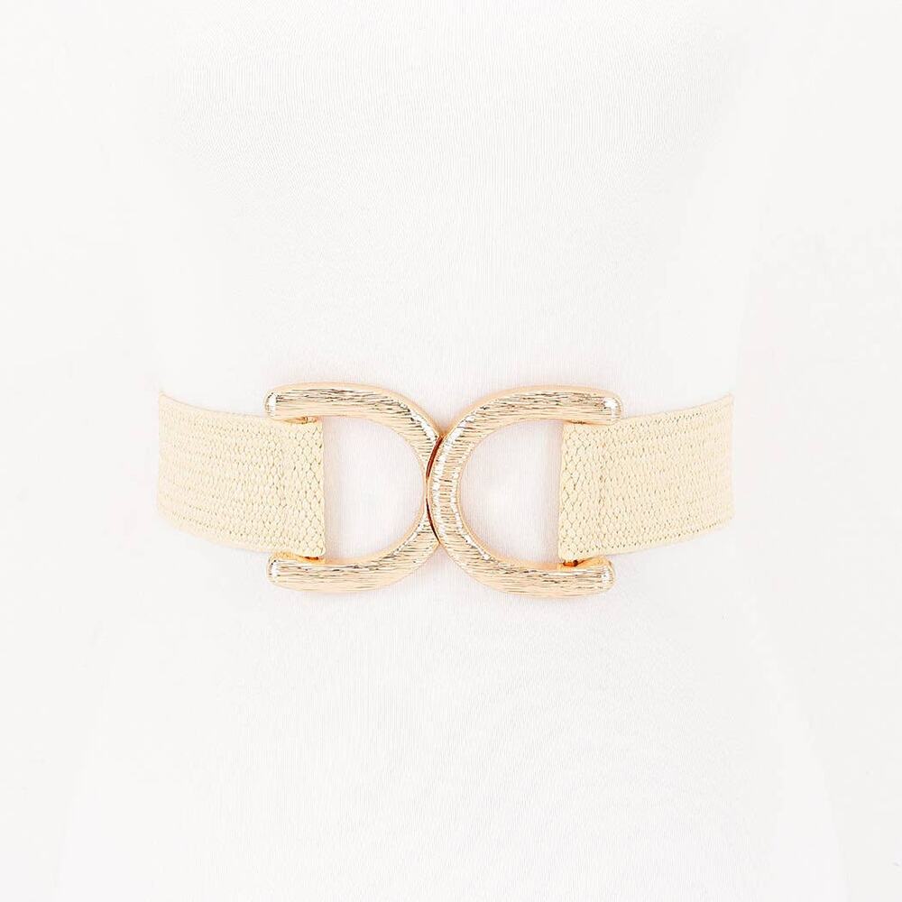 Straw Belt Wide Dual Buckle Elastic Ivory Gold
